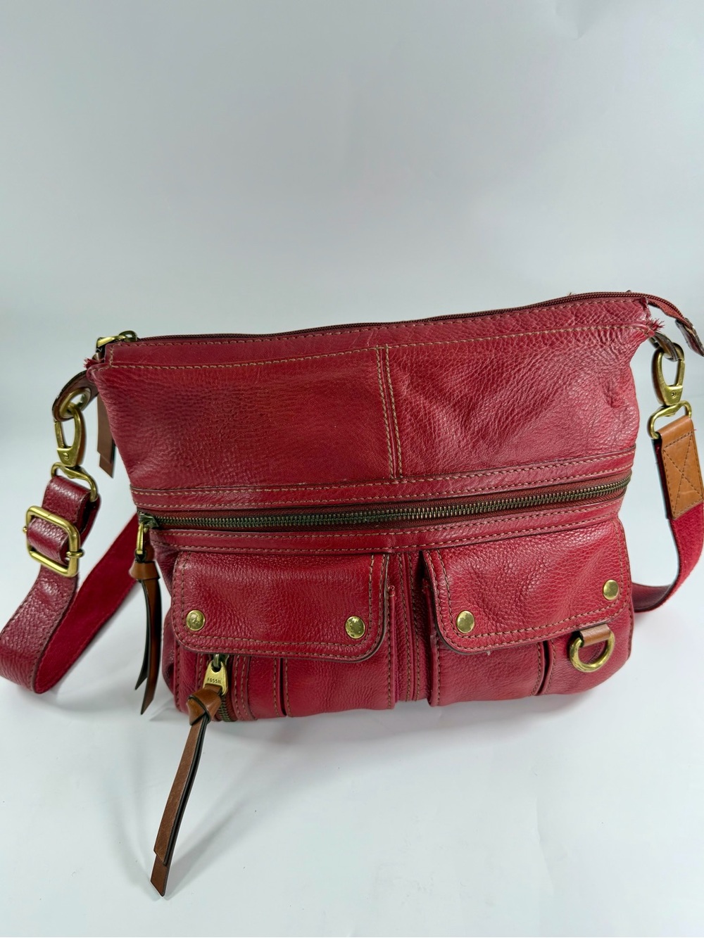 Y2K Boho Fossil Red Pebbled Leather Crossbody Shoulder Bag Multi Pocket